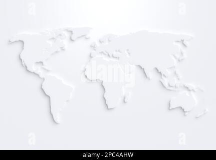 Weiße Weltkarte auf weißem Hintergrund mit Schatten oder 3D-Effekt. Hochauflösende moderne und saubere Weltkarte in Schwarzweiß. Stockfoto