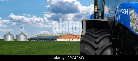 Landwirtschaftliche Zugmaschine mit Wasserstoffbrennstoffzellen. Konzept Stockfoto