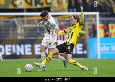 Dortmund, Deutschland. 12. März 2023. firo : 03/12/2023, Fußball, 3. League, 3. Bundesliga, Staffel 2022/2023, BVB II, Borussia Dortmund II - Dynamo Dresden 1: 3 Ole POHLMANN, BVB Right versus Ahmet ARSLAN/dpa/Alamy Live News Stockfoto