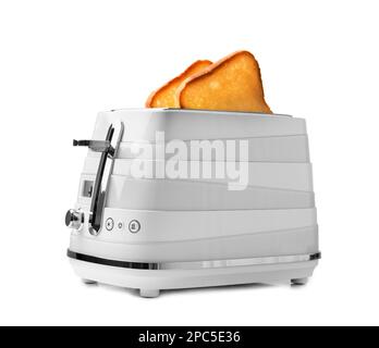 Toaster mit Brotscheiben. Gebratenes Brot in einem Toaster. Geräte für die Küche. Moderner Toaster auf weißem Hintergrund. Stockfoto