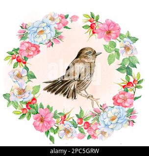 Handgezeichneter Vogel in Aquarellfarben mit Blumenrahmen. Spatz auf weißem Hintergrund. Illustration auf einem weißen isolierten Hintergrund. Perfekt für eine Hochzeitseinladung Stockfoto