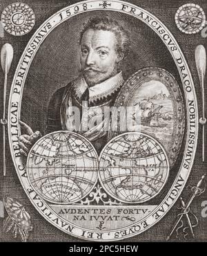 Sir Francis Drake, c. 1540 – 1596, englischer Seekapitän, Freibeuter, Navigator, Sklaver, Und Politiker. Er umkreiste die Welt auf einer einzigen Reise zwischen 1577 und 1580. Nach einer Gravur von Jodocus Hondius. Stockfoto