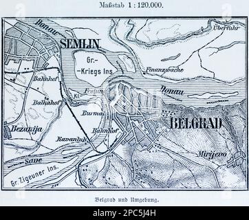 Stadtplan von Belgrad an der Donau und Umgebung, Belgrad, Serbien, Südosteuropa, Abbildung 1896 Stockfoto