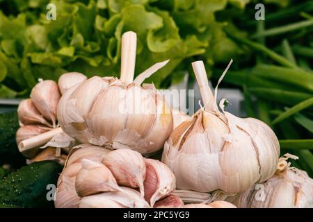 Eine Gruppe frischer Knoblauchknollen und Nelken in einem regionalen Street Food Markt, aus der Nähe Stockfoto