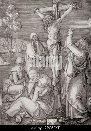 Kreuzigung Jesu, nach dem Werk von Albrecht Dürer, 1471-1528, manchmal in Englisch als Durer geschrieben. Deutscher Maler, Druckmacher und Theoretiker der deutschen Renaissance. Aus Albrecht Dürer, sein Leben und eine Auswahl seiner Werke, veröffentlicht 1928. Stockfoto