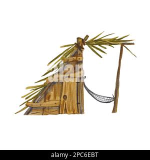 Ein Haus aus Holz, Stöcken und Zweigen von Palmen isoliert auf weißem Hintergrund. Aquarell-Darstellung einer Hütte auf der Insel. Waisenhaus. C Stockfoto