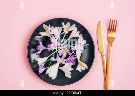 Crocus-Blüten auf schwarzem Teller und Gabel und Messer auf rosa Hintergrund. Diätkonzept. Draufsicht, flach liegend. Stockfoto