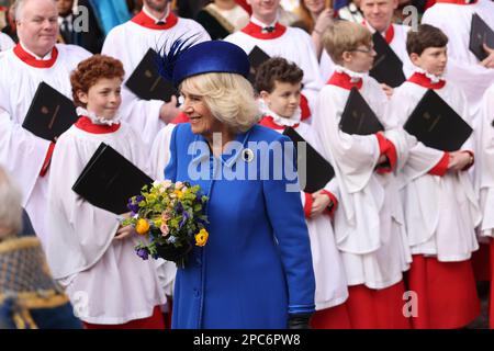 Die königliche Gemahlin, die nach ihrer Teilnahme am jährlichen Commonwealth Day Service in Westminster Abbey in London abreist. Foto: Montag, 13. März 2023. Stockfoto