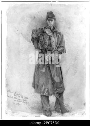 Studie über den bewachten Infanteriesoldaten--William J. Jackson, Sergt. Maj. 12. New York Vol.--skizziert in Stoneman's Switch, bei Fredricksburg sic, Virginia, 27. Januar 1863. Morgan Sammlung von Zeichnungen aus dem Bürgerkrieg. Militärpersonal, 1860-1870, USA, Geschichte, Bürgerkrieg, 1861-1865, Militärpersonal, Union, Vereinigte Staaten, Virginia, Fredericksburg. Stockfoto