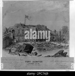 Fort Sumter, 9. 1863. Dezember, Blick auf South East Angle. Unterschrift unten links im Bild: J.R. Key Jan. 7 64, Titel auf separatem Papier unter Bild, mit brauner Tinte auf separatem Blatt Papier eingraviert : Weldon N.C. April 27. 1864. Genehmigter G.T. Beauregard Genl. COM[dr]. Charleston, 22 1864. April. Zugelassen D.B. (Harris?) Col & Inf Engr, Source Unknown, Reference Print available in the Civil war drawings file J. Forts & Fortifications, 1860-1870, Flags, Confederate, 1860-1870, Vereinigte Staaten, Geschichte, Bürgerkrieg, 1861-1865, militärische Einrichtungen, Konföderierte, Usa, Geschichte, Bürgerkrieg, 18 Stockfoto