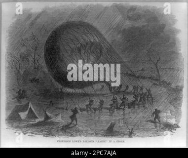 Professor Lowes Ballon 'Eagle' im Sturm. Titel von Artikel, Landauer Collection. Lowe, T. S. C, (Thaddeus Sobieski Coulincourt), 1832-1913, Ballons (Luftfahrzeuge), 1860-1870, Militärpersonal, Union, 1860-1870, StForms, 1860-1870, Rain, 1860-1870, Usa, Geschichte, Bürgerkrieg, 1861-1865, Militärtaktik, Union. Stockfoto