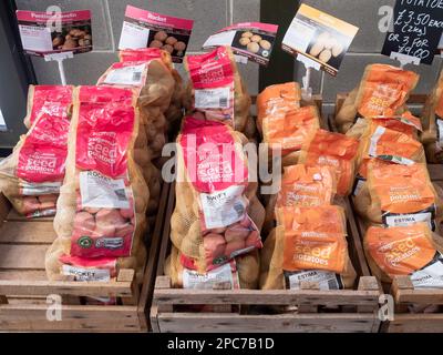 Ausstellung von Säcken verschiedener Sorten von Saatkartoffeln zum Verkauf in einem Hofladen in North Yorkshire für die Frühjahrspflanzung Stockfoto