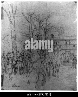 Robert E. Lee verlässt das McLean-Haus nach seiner Kapitulation bei Odysseus S. Grant. Morgan Sammlung von Zeichnungen aus dem Bürgerkrieg. McLean House (Appomattox, Virginia), 1860-1870, Lee, Robert E. (Robert Edward), 1807-1870, Militärdienst, Wohnungen, 1860-1870, Usa, Geschichte, Bürgerkrieg, 1861-1865, Kapitulationen, Konföderat, Vereinigte Staaten, Geschichte, Bürgerkrieg, 1861-1865, Gefangene, Konföderierte, Usa, Virginia, Appomattox Stockfoto