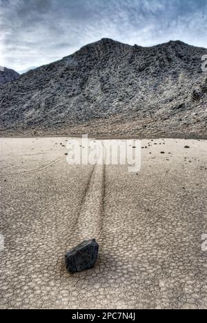 „Segelsteine“ geologisches Phänomen von Felsen, die sich entlang der Gleise auf dem Talboden bewegen, die Rennbahn (Valley of Sliding Stones), Death Valley N. P. Stockfoto