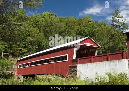 Blick auf die überdachte Brücke, die den Fluss überquert, die Twin Bridges, East und West Paden, Huntington Creek, Columbia County, Pennsylvania (U.) S. A. Stockfoto