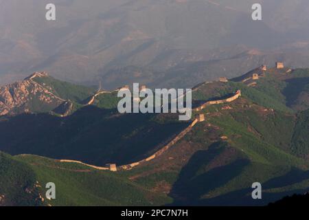 Blick am frühen Morgen auf die Mauer, die Chinesische Mauer, den Alten Gipfel, Hebei, China Stockfoto