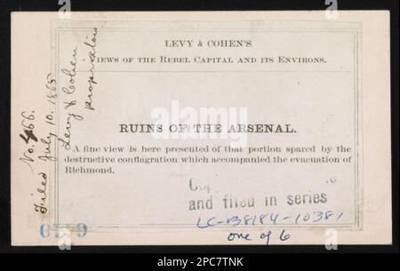 Ruinen des Arsenals / Levy & Cohen... "Gemäß dem Kongressgesetz im Jahr 1865 von Levy und Cohen im Büro des Staatsanwalts des Bezirksgerichts für den Eastern District of Pennsylvania eingetragen.", "eingereicht am 10. Juli 1865, Levy & Cohen, Eigentümer.", Sammeltitel: Levy & Cohen's views of the Rebel Capital and its environs, No. 466, Title from item, Digitized, 2014. Finanzierung durch das Center for Civil war Photography, eine von sechs Ansichten auf LC-B8184-10381 (Schwarzweißfilmkopie neg.). Kriegsschaden, Virginia, Richmond, 1860-1870, Armories, Virginia, Richmond, 1860-1870, Usa, Geschichte, Bürgerkrieg, Stockfoto