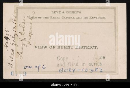 Blick auf Burnt District/Levy & Cohen. "Gemäß dem Kongressgesetz im Jahr 1865 von Levy und Cohen im Büro des Staatsanwalts des Bezirksgerichts für den Eastern District of Pennsylvania eingetragen.", "eingereicht am 10. Juli 1865, Levy & Cohen, Eigentümer.", Sammeltitel: Levy & Cohen's views of the Rebel Capital and its environs, No. 456, Title from item, Digitized, 2014. Finanzierung durch das Center for Civil war Photography. War Damage, Virginia, Richmond, 1860-1870, Kundenhäuser, Virginia, Richmond, 1860-1870, Straßen, Virginia, Richmond, 1860-1870, Usa, Geschichte, Bürgerkrieg, 1861-1865, Stockfoto