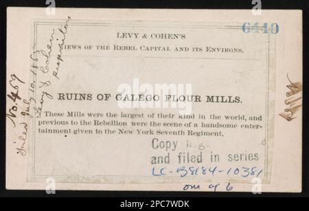 Ruinen von Galego (d. h. Gallego) Mehlmühlen / Levy & Cohen... "Gemäß dem Kongressgesetz im Jahr 1865 von Levy und Cohen im Büro des Staatsanwalts des Bezirksgerichts für den Eastern District of Pennsylvania eingetragen.", "eingereicht am 10. Juli 1865, Levy & Cohen, Eigentümer.", Sammeltitel: Levy & Cohen's views of the Rebel Capital and its environs, No. 469, Title from item, Digitized, 2014. Finanzierung durch das Center for Civil war Photography, eine von sechs Ansichten auf LC-B8184-10381 (Schwarzweißfilmkopie neg.). Mills, Virginia, Richmond, 1860-1870, Kriegsschaden, Virginia, Richmond, 1860-1870, James River (Va Stockfoto