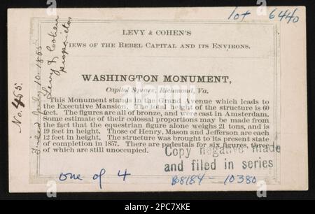 Washington Monument, Capitol Square, Richmond, Virginia / Levy & Cohen. "Gemäß dem Kongressgesetz im Jahr 1865 von Levy und Cohen im Büro des Staatsanwalts des Bezirksgerichts für den Eastern District of Pennsylvania eingetragen.", "eingereicht am 10. Juli 1865, Levy & Cohen, Eigentümer.", Kollektivtitel: Levy & Cohens Ansichten der rebellischen Hauptstadt und ihrer Umgebung, Nr. 465, Titel von item, eine von vier Ansichten zu LC-B8184-10380 (Schwarzweißfilmkopie neg.). Washington, George, 1732-1799, Denkmäler, Virginia, Richmond, Reiterstatuen, Virginia, Richmond, 1860-1870, Denkmäler und Gedenkstätten, Virginia, Richm Stockfoto