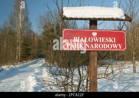 „Bialowieski Park Narodowy“-Eingangsschild in Schnee, Bialowieza spezielles Schutzgebiet, Bialowieza N. P. Podlaskie Woiwodschaft, Polen Stockfoto
