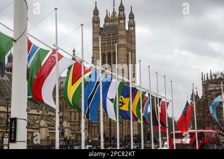 London, Großbritannien. 13. März 2023. Am Commonwealth-Tag fliegen die Flaggen der 56 Nationen des Commonwealth um den Parliament Square in Westminster. Kredit: SOPA Images Limited/Alamy Live News Stockfoto