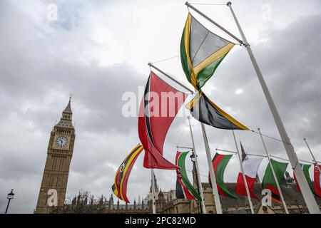 London, Großbritannien. 13. März 2023. Am Commonwealth-Tag fliegen die Flaggen der 56 Nationen des Commonwealth um den Parliament Square in Westminster. Kredit: SOPA Images Limited/Alamy Live News Stockfoto