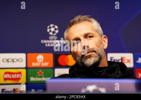 RB Leipziger Manager Marco Rose während einer Pressekonferenz im Etihad Stadium, Manchester. Foto: Montag, 13. März 2023. Stockfoto