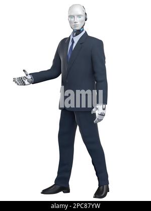 Roboter im Anzug, der seine Hand reicht. Isoliert auf weißem Hintergrund. 3D Abbildung Stockfoto