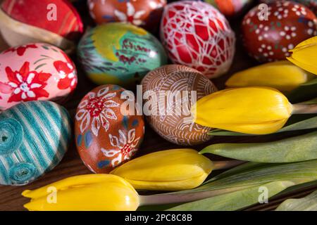 Farbenfrohe Ostereier und gelbe Tulpenblüten füllen den gesamten Rahmen. Stockfoto