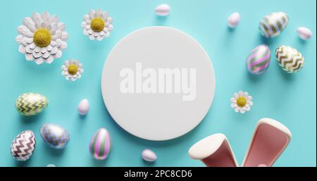Leerer weißer Kreis in der Mitte, umgeben von Kaninchenohren, Ostereiern, Gänseblümchen. 3D-Rendering. Stockfoto