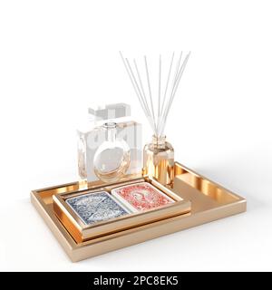 Eine Nahaufnahme von zwei Flaschen in einem Tablett, die jeweils ein einzigartiges Element enthalten Stockfoto