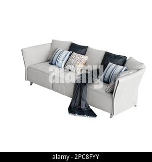 Ein weißes Sofa mit isolierten Kissen auf weißem Hintergrund Stockfoto