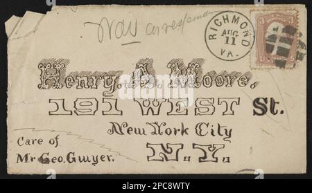 Umschlag von Cornelius V. Moore an Henry A. Moore, 191 West Street, New York City, New York, Pflege von Mr. Geo Gwyer, abgestempelt in Richmond, Virginia. Liljenquist Family Sammlung von Bürgerkriegsfotos, pp/liljmem. Moore, Cornelius V, 1843-1920, Associated Objects, USA, Army, New York Infanterie Regiment, 100. (1862-1865), People, United States, Army, Illinois Infantry Regiment, 39. (1861-1865), People, United States, Army, New York Infanterie Regiment, 106. (1862-1865), People, United States, Army, Vermont Infantry Regiment, 11. (1862-1865), People, United States, History, Zivilisiert Stockfoto