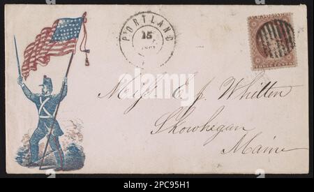 Bürgerkriegsumschlag, der Soldaten mit Schwert und amerikanischer Flagge zeigt. Titel entworfen von Bibliothekspersonal, adressiert an Frau E. J. Whittier, Skowhegan, Maine; Bears 3 Cent Stempel; Portland abgeschickt, Hinweis auf Verso: 14. Mai 1861, Gift; Tom Liljenquist; 2012; (DLC/PP-2012:127), pp/liljmem. Flaggen, Amerikanisch, 1860-1870, Soldaten, Amerikanisch, 1860-1870, Usa, Geschichte, Bürgerkrieg, 1861-1865, Soziale Aspekte. Stockfoto