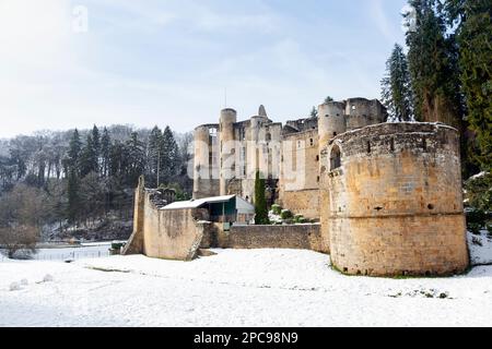 Europa, Luxemburg, Grevenmacher, Beaufort Castle mit Winterschnee Stockfoto