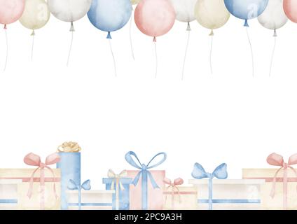 Vorlage mit Ballons und bunten Geschenkboxen für horizontale Grußkarten oder Einladungen. Handgezeichnete Aquarelle Illustration mit Geschenken für die Geburtstagsparty in Pastellblau und Pink. Stockfoto