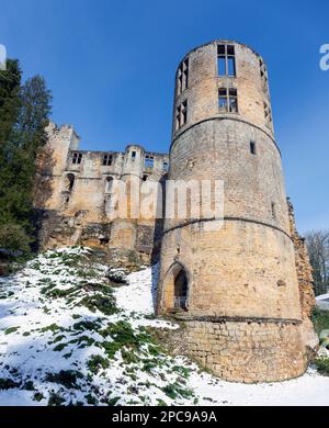 Europa, Luxemburg, Grevenmacher, Schloss Beaufort im Winter mit Renaissance-Turm, der über mittelalterlichen Mauern erbaut wurde Stockfoto