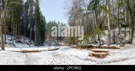 Europa, Luxemburg, Grevenmacher, Beaufort, der Müllerthal Trail, der im Winter durch das Waldland führt Stockfoto