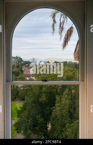 Ein hohes gebogenes Schiebefenster umrahmt eine Aussicht über Baumkronen, eine Stadt und eine Palmenzweig im John-Muir-Nationaldenkmal, Kalifornien. Stockfoto