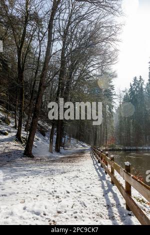 Europa, Luxemburg, Grevenmacher, Beaufort, der Müllerthal-Pfad vorbei am künstlichen See über dem Schloss Beaufort im Winter Stockfoto