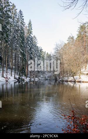 Europa, Luxemburg, Grevenmacher, Ein von Menschenhand geschaffener See, der das Schloss Beaufort im Winter mit Wasser versorgt Stockfoto