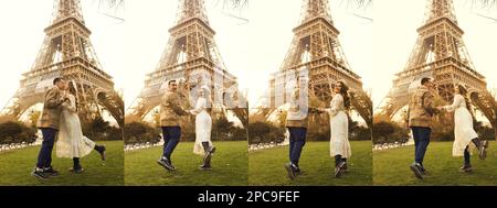 Ein Paar in Paris mit dem Eiffelturm im Hintergrund. Romantische Reise, Flitterwochen in Europa. Frankreich Stadt der Liebe. Folge mir. Liebe. Stockfoto