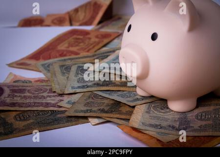 Anhäufung von Rubel. Zahlung in Rubel. Kauf für Rubel. Russisches Geld. Sowjetische Banknoten in einem Sparschwein. Stockfoto