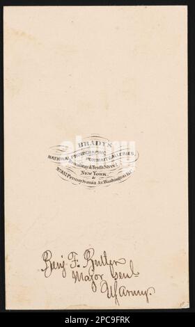 Generalmajor Benjamin Franklin Butler der USA Volunteers Infantry Regiment in Uniform / Brady's National Portrait Galleries, Broadway & Tenth Street, New York & No. 352 Pennsylvania Av., Washington, D.C. Liljenquist Family Sammlung von Bürgerkriegsfotos, pp/liljpaper. Butler, Benjamin F, (Benjamin Franklin), 1818-1893, Vereinigte Staaten, Armee, Volk, 1860-1870, Soldaten, Union, 1860-1870, Militäruniformen, Union, 1860-1870, Vereinigte Staaten, Geschichte, Bürgerkrieg, 1861-1865, Militärpersonal, Union. Stockfoto
