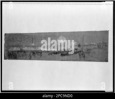 Die Hancocks Brigade stößt den Feind ab. Die Schlacht von Williamsburg. Morgan Sammlung von Zeichnungen aus dem Bürgerkrieg. Hancock, Winfield Scott, 1824-1886, Militärdienst, Vereinigte Staaten, Armee, Signalkorps, 1860-1870, Williamsburg, Battle of, Williamsburg, Va, 1862, Artillerie (Waffen), 1860-1870, Soldaten, Union, 1860-1870, Truppenbewegungen, Union, 1860-1870, Forts & Fortifications, 1860-1870, USA, Geschichte, Bürgerkrieg, 1861-1865, Campaigns & Battles, USA, Geschichte, Bürgerkrieg, 1861-1865, Opfer, Usa, Virginia, Williamsburg Stockfoto