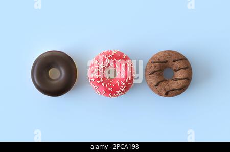 Drei köstliche Donuts in Folge sind isoliert auf blauem Pastellhintergrund, Draufsicht. Erdbeer-Pink-donat, Schokoladen-donat und donat mit dunkler Glasur. Stockfoto