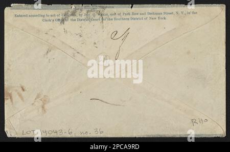 Der Umschlag aus dem Bürgerkrieg zeigt Kolumbien mit der Flagge, Massachusetts State Seal und Phrygian Cap mit der Botschaft „loyal zur Union“. Der Titel wurde vom Bibliothekspersonal erfunden, adressiert an Frau Leander M. Alde[n?], North Middlebor[ough?], Mass.; trägt einen Stempel von 3 Cent, auf Verso: Eingetragen gemäß dem Gesetz des Kongresses, von Jno. G. Wells, Dekor. Of Park Row und Beekman Street, N. Y, im Büro des Staatsanwalts des Bezirksgerichts für den südlichen Bezirk von New York, ist der erste Teil der Nachricht über Recto abgedeckt durch Stempel, Gift; Tom Liljenquist; 2012; (DLC/PP-2012:127), Ausgestellt in der Library of Con: „Der Bürgerkrieg in Amerika“ Stockfoto