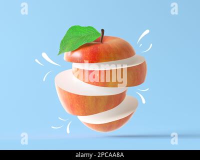 Roter Apfel, isoliert auf blauem Hintergrund. Schwimmender, leckerer Apfel mit grünen Blättern und saftigen Comic-weißen Tropfen. Frische kreative Früchte für die Werbeaktion Stockfoto