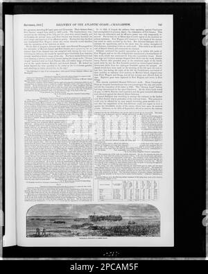 Evakuierung von Morris's Island durch die Konföderierten. Illus. In: Harpers malerische Geschichte des Bürgerkriegs / Alfred H. Guernsey und Henry M. Alden. Chicago: The Puritan Press Co, c1894, v. 2, S. 743. Evakuierungen, South Carolina, Morris Island, 1860-1870, Vereinigte Staaten, Geschichte, Bürgerkrieg, 1861-1865, militärische Einrichtungen. Stockfoto